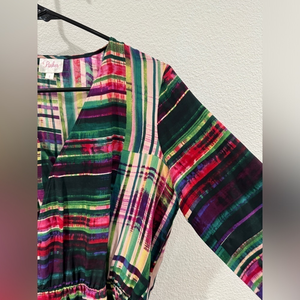 Parker 100% Silk Faux Wrap Surplice Neckline Long Sleeve Mini Colorful Dress S - Picture 5 of 14